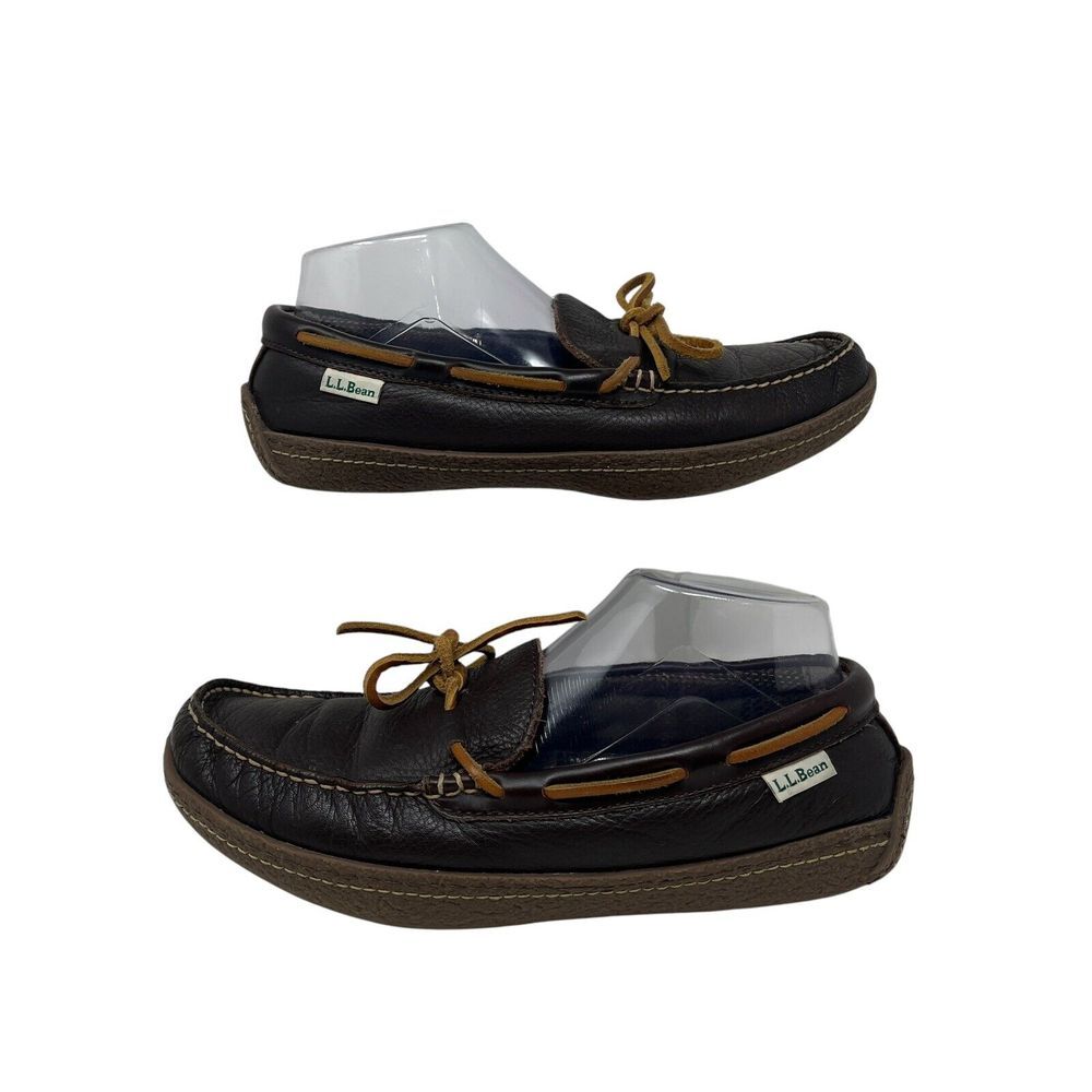 LL BEAN Hand Sewn Moccasin Slippers‎ Pebble Leather Flannel Lined Mens 8